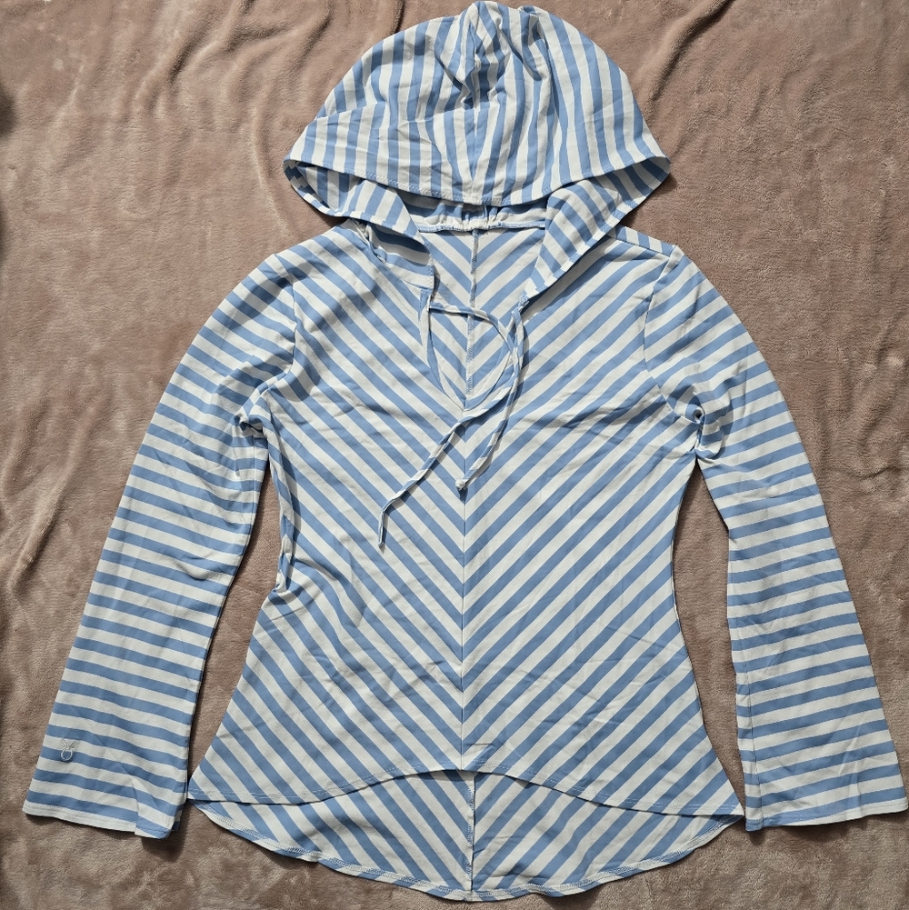Dudley Stephens Halsey hooded beach pullover in white and Light blue stripes Med